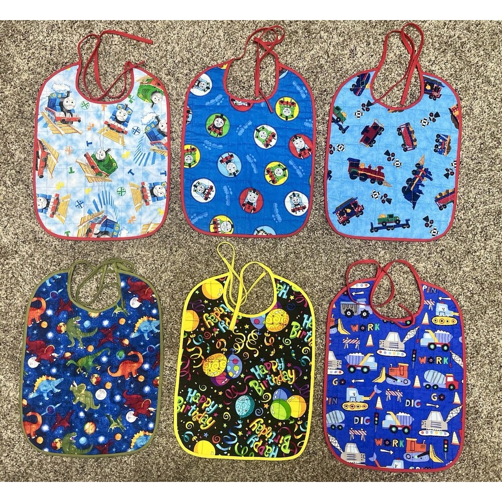 Lot Of 6 Quilted Handmade Bibs Boy Theme Large Size 12" X 9" Train, Dinosaur